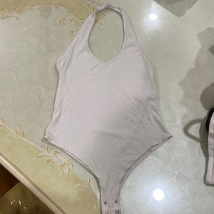Garage White Ribbed Halter Top Bodysuit